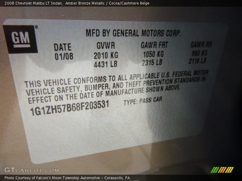 Amber Bronze Metallic / Cocoa/Cashmere Beige 2008 Chevrolet Malibu LT Sedan