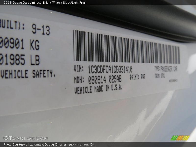 Bright White / Black/Light Frost 2013 Dodge Dart Limited