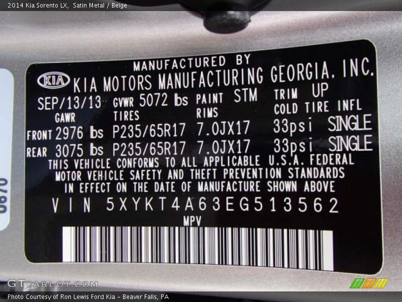 2014 Sorento LX Satin Metal Color Code STM