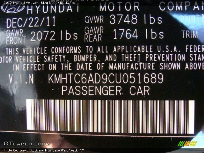 Ultra Black / Black/Red 2012 Hyundai Veloster