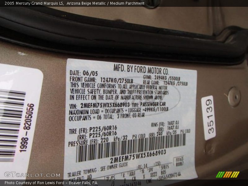 Arizona Beige Metallic / Medium Parchment 2005 Mercury Grand Marquis LS
