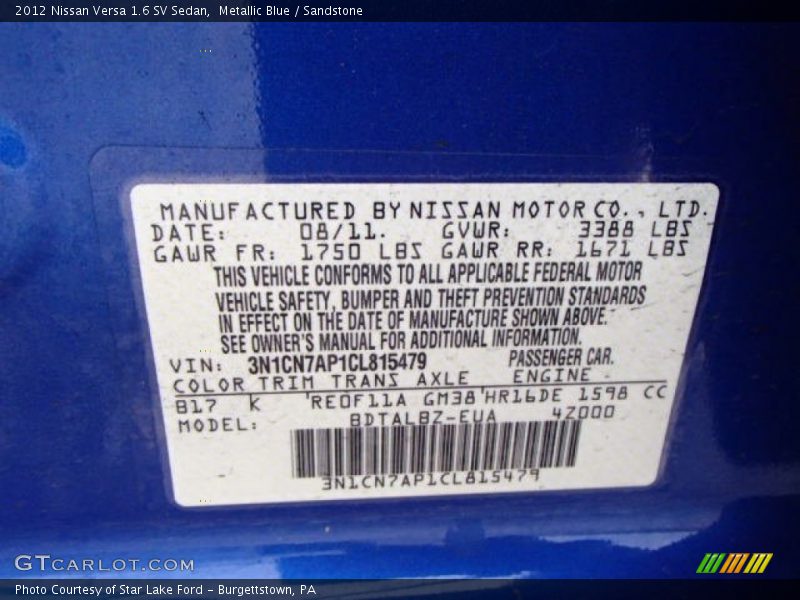 Metallic Blue / Sandstone 2012 Nissan Versa 1.6 SV Sedan