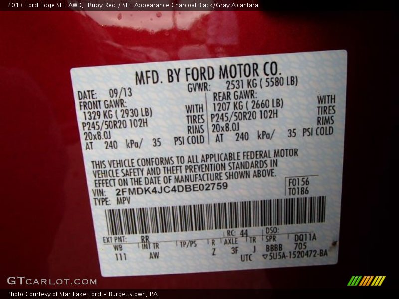 Ruby Red / SEL Appearance Charcoal Black/Gray Alcantara 2013 Ford Edge SEL AWD