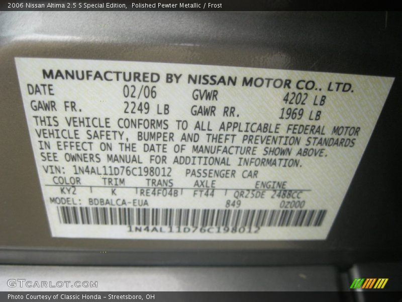 Polished Pewter Metallic / Frost 2006 Nissan Altima 2.5 S Special Edition