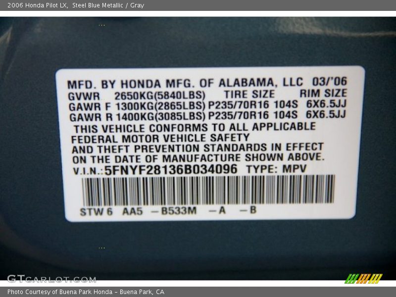 Steel Blue Metallic / Gray 2006 Honda Pilot LX