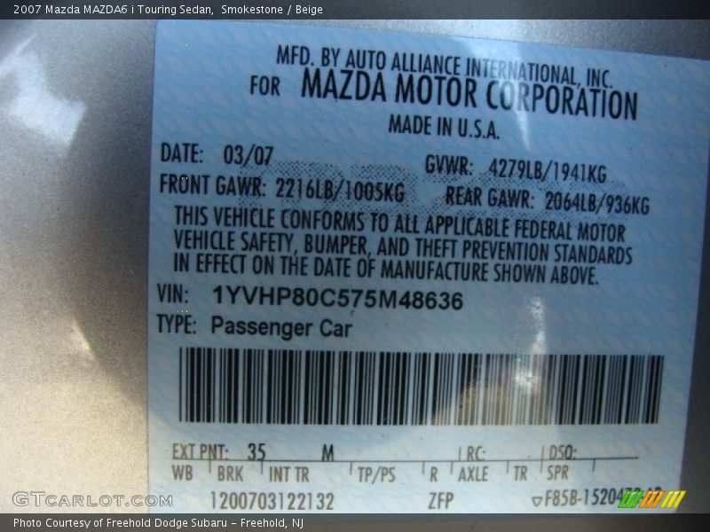 Smokestone / Beige 2007 Mazda MAZDA6 i Touring Sedan