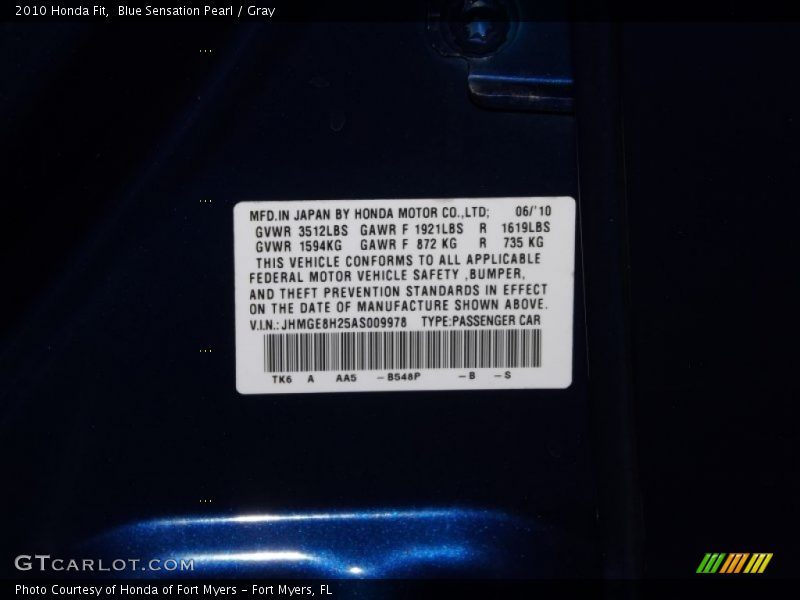 Blue Sensation Pearl / Gray 2010 Honda Fit