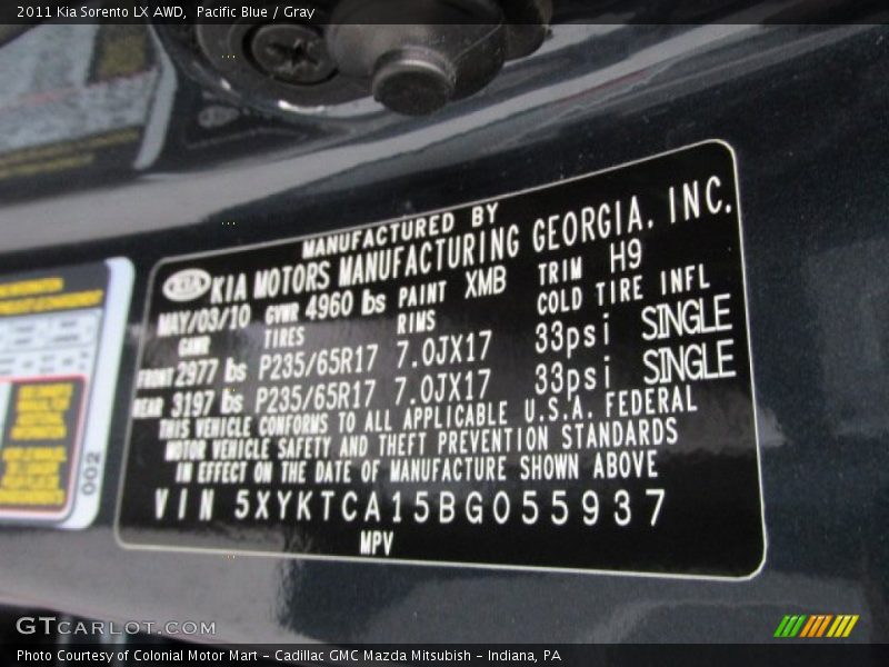 Pacific Blue / Gray 2011 Kia Sorento LX AWD