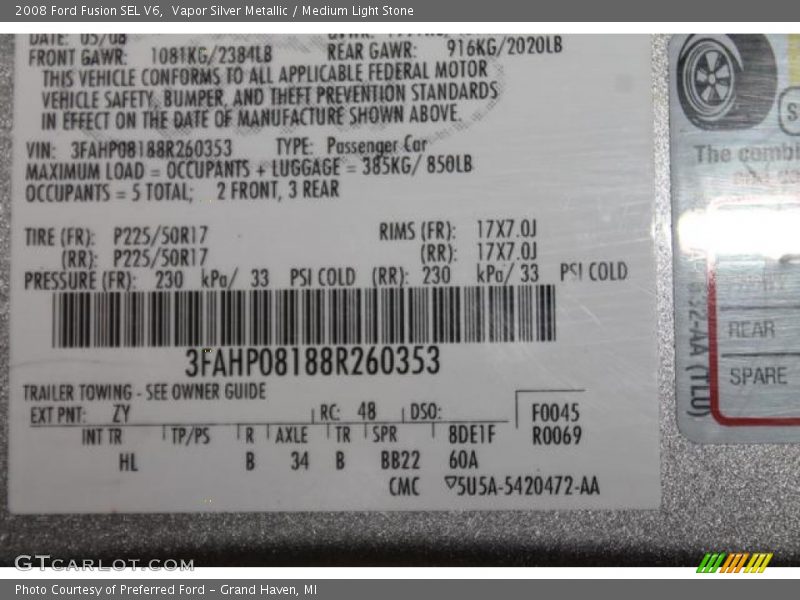 Vapor Silver Metallic / Medium Light Stone 2008 Ford Fusion SEL V6