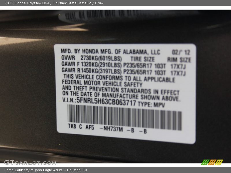Polished Metal Metallic / Gray 2012 Honda Odyssey EX-L