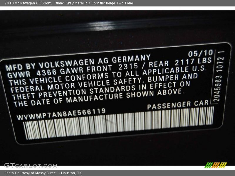 Island Grey Metallic / Cornsilk Beige Two Tone 2010 Volkswagen CC Sport