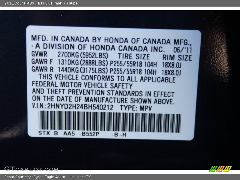 Bali Blue Pearl / Taupe 2011 Acura MDX