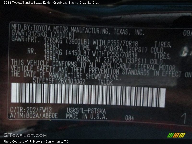Black / Graphite Gray 2011 Toyota Tundra Texas Edition CrewMax
