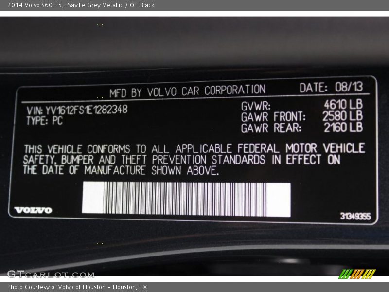 Saville Grey Metallic / Off Black 2014 Volvo S60 T5