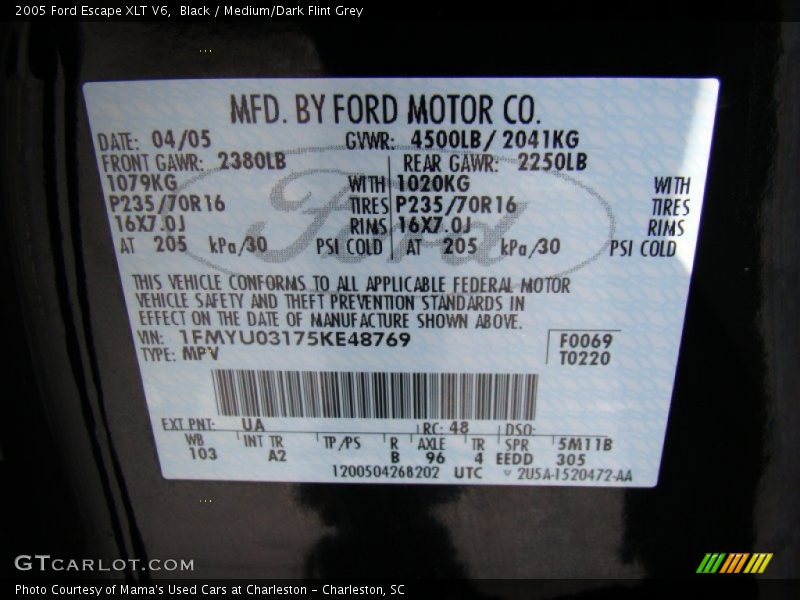 Black / Medium/Dark Flint Grey 2005 Ford Escape XLT V6