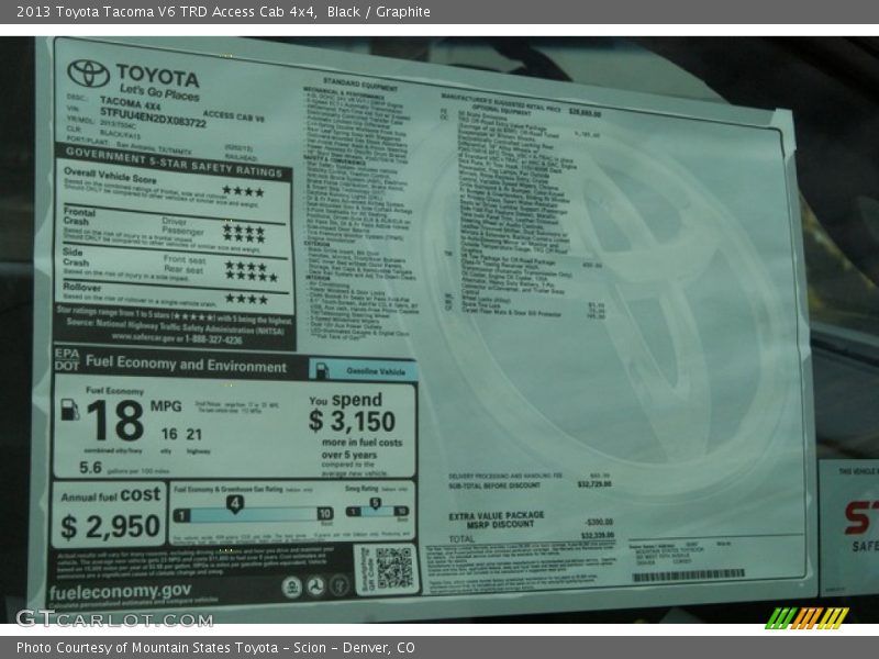 Black / Graphite 2013 Toyota Tacoma V6 TRD Access Cab 4x4