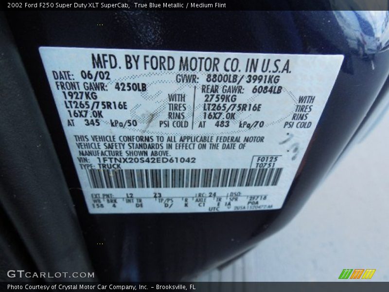 2002 F250 Super Duty XLT SuperCab True Blue Metallic Color Code L2