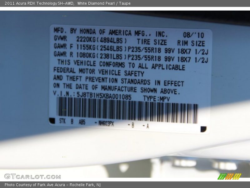 White Diamond Pearl / Taupe 2011 Acura RDX Technology SH-AWD