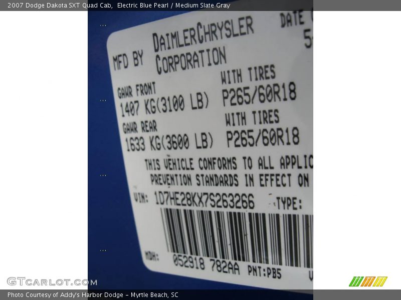 Electric Blue Pearl / Medium Slate Gray 2007 Dodge Dakota SXT Quad Cab