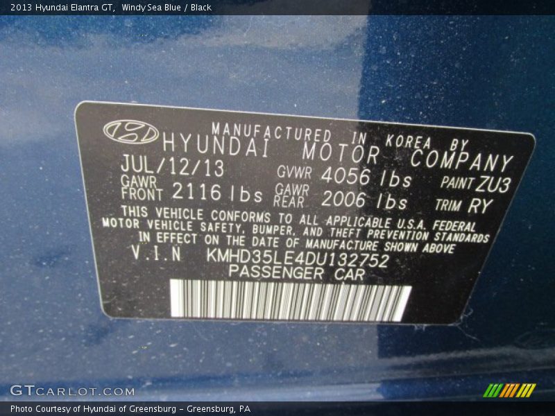 Windy Sea Blue / Black 2013 Hyundai Elantra GT
