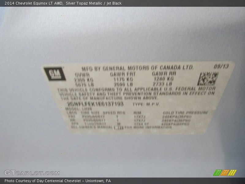 Silver Topaz Metallic / Jet Black 2014 Chevrolet Equinox LT AWD