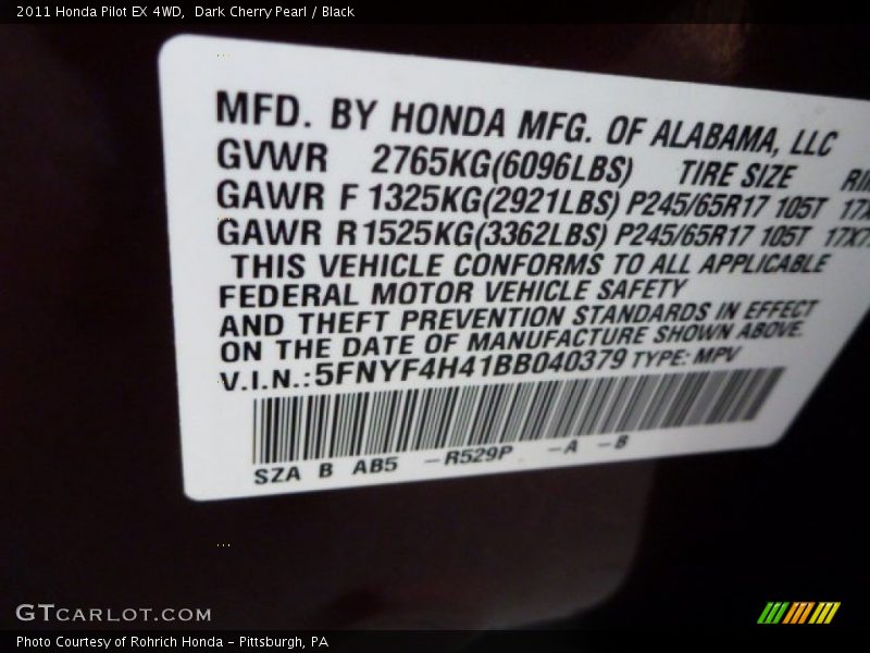 Dark Cherry Pearl / Black 2011 Honda Pilot EX 4WD