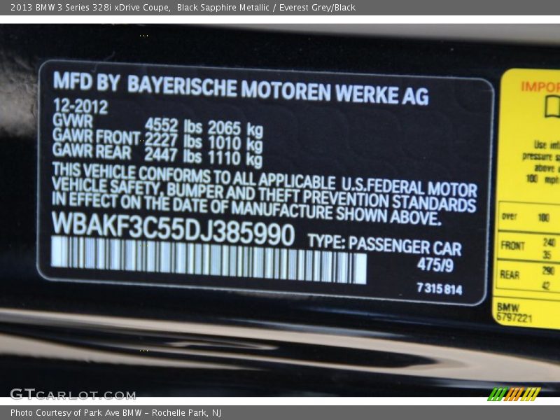 Black Sapphire Metallic / Everest Grey/Black 2013 BMW 3 Series 328i xDrive Coupe