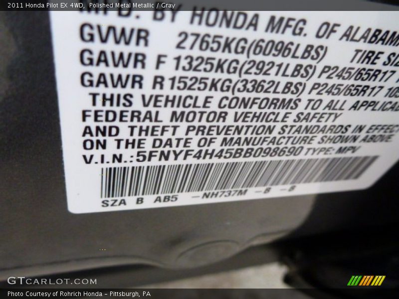 Polished Metal Metallic / Gray 2011 Honda Pilot EX 4WD
