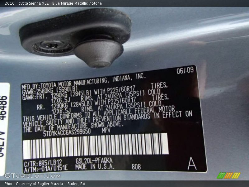 Blue Mirage Metallic / Stone 2010 Toyota Sienna XLE