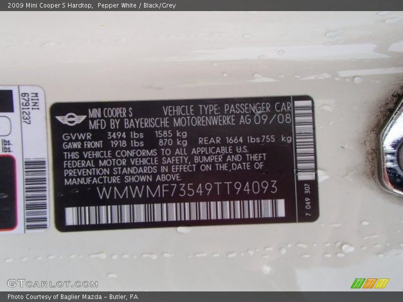 Pepper White / Black/Grey 2009 Mini Cooper S Hardtop