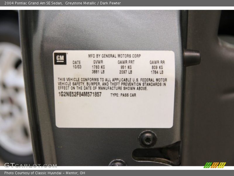 Greystone Metallic / Dark Pewter 2004 Pontiac Grand Am SE Sedan