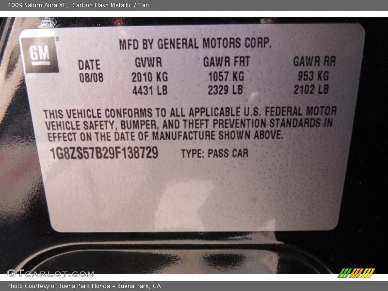 Carbon Flash Metallic / Tan 2009 Saturn Aura XE