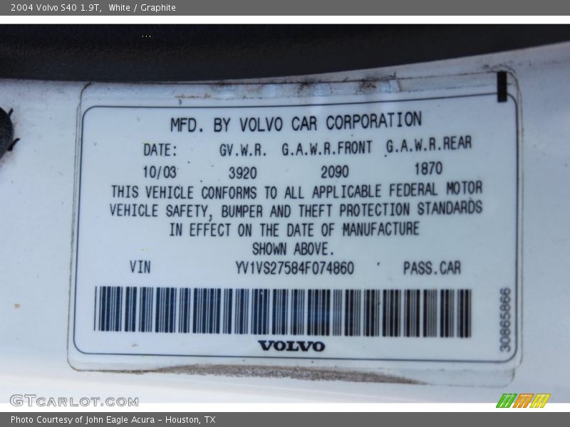 White / Graphite 2004 Volvo S40 1.9T