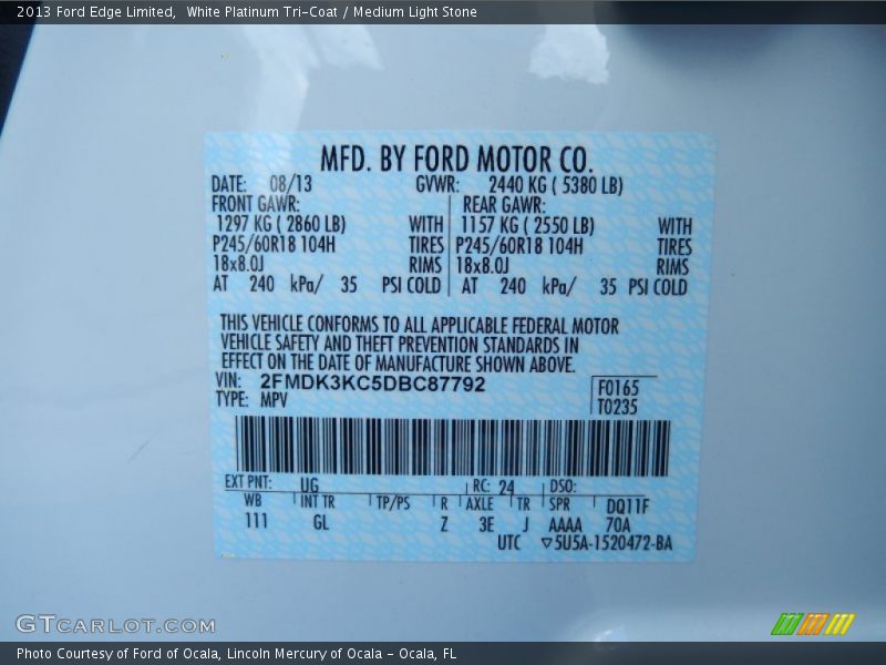 White Platinum Tri-Coat / Medium Light Stone 2013 Ford Edge Limited