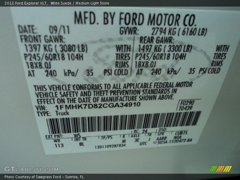 White Suede / Medium Light Stone 2012 Ford Explorer XLT