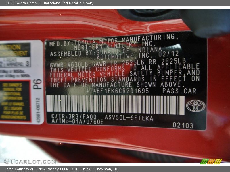 Barcelona Red Metallic / Ivory 2012 Toyota Camry L