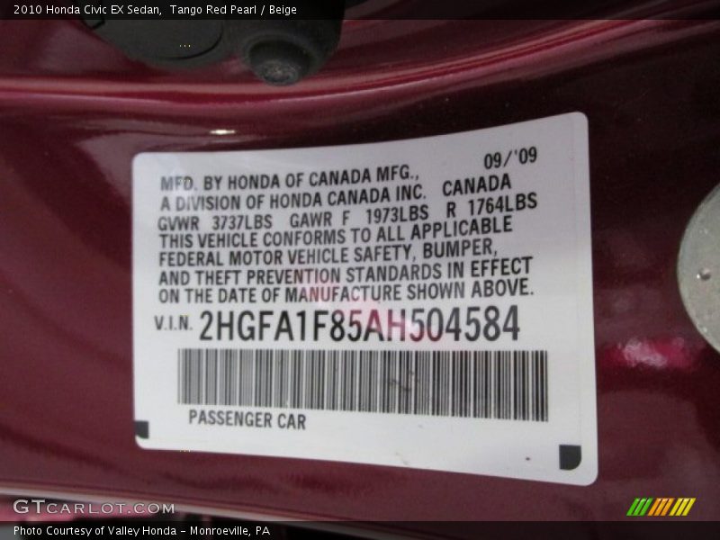 Tango Red Pearl / Beige 2010 Honda Civic EX Sedan