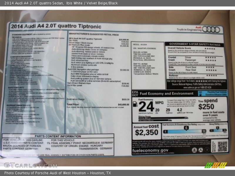  2014 A4 2.0T quattro Sedan Window Sticker