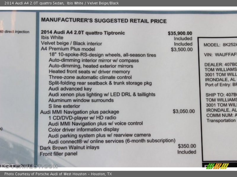  2014 A4 2.0T quattro Sedan Window Sticker