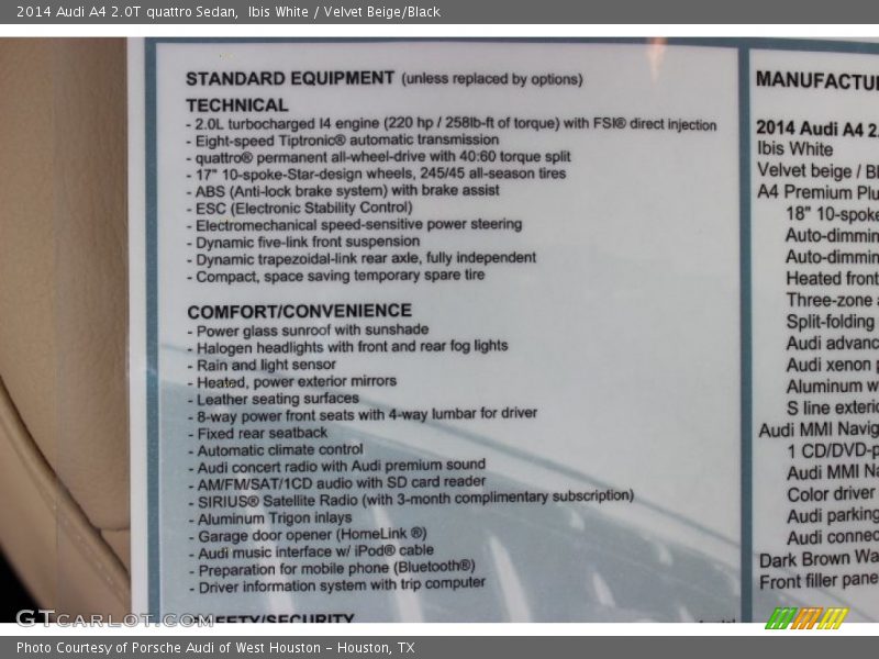  2014 A4 2.0T quattro Sedan Window Sticker