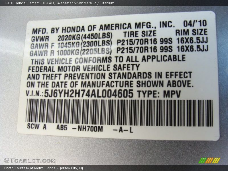 Alabaster Silver Metallic / Titanium 2010 Honda Element EX 4WD