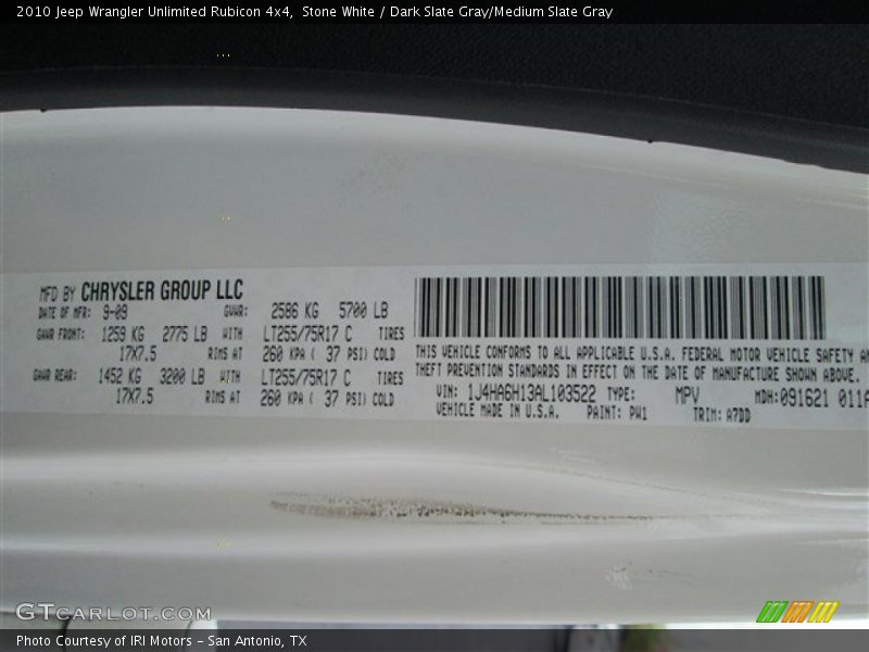 Stone White / Dark Slate Gray/Medium Slate Gray 2010 Jeep Wrangler Unlimited Rubicon 4x4