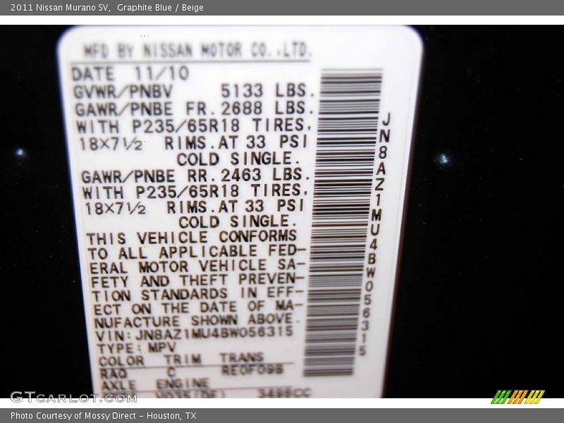 Graphite Blue / Beige 2011 Nissan Murano SV