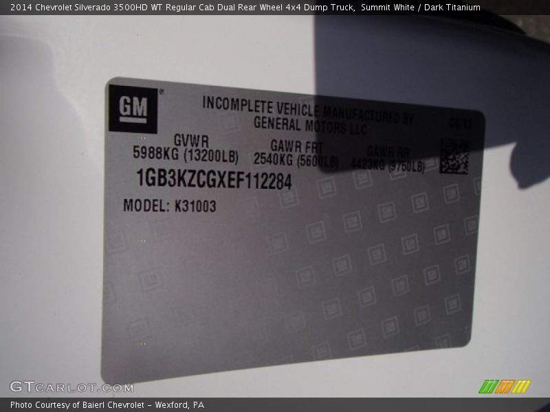 Summit White / Dark Titanium 2014 Chevrolet Silverado 3500HD WT Regular Cab Dual Rear Wheel 4x4 Dump Truck