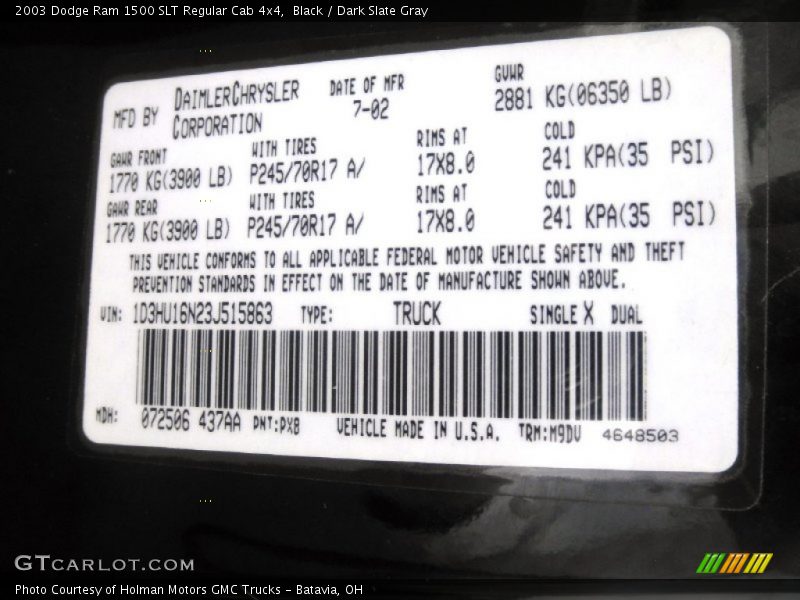 Black / Dark Slate Gray 2003 Dodge Ram 1500 SLT Regular Cab 4x4
