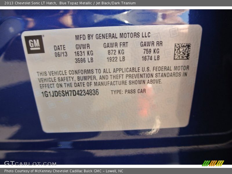 Blue Topaz Metallic / Jet Black/Dark Titanium 2013 Chevrolet Sonic LT Hatch