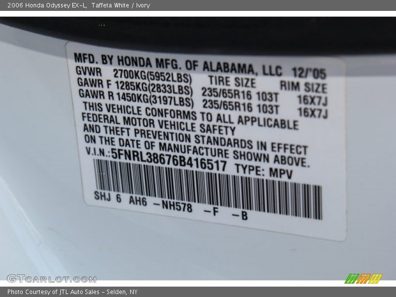 Taffeta White / Ivory 2006 Honda Odyssey EX-L