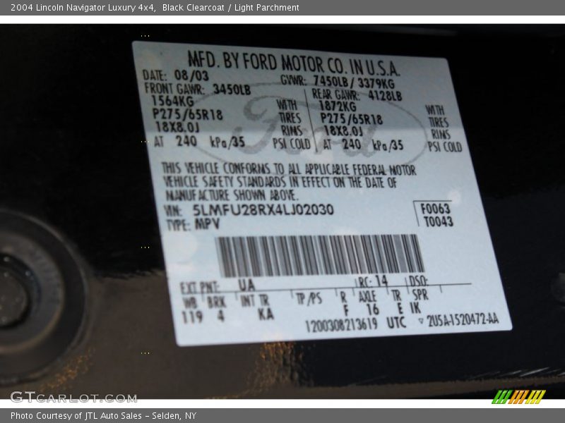 2004 Navigator Luxury 4x4 Black Clearcoat Color Code UA