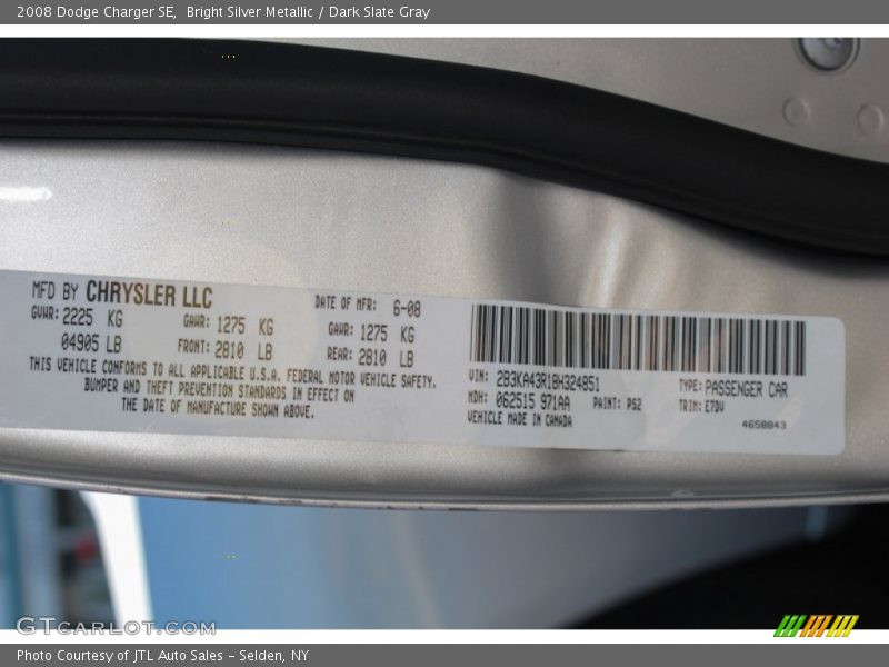 Bright Silver Metallic / Dark Slate Gray 2008 Dodge Charger SE