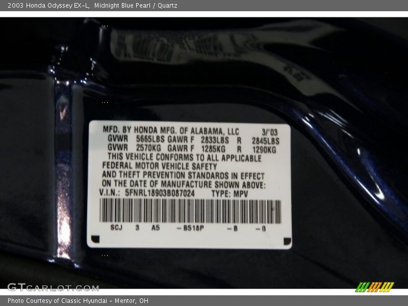 Midnight Blue Pearl / Quartz 2003 Honda Odyssey EX-L